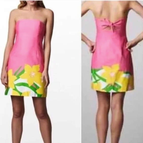 NWT LILLY PULITZER WOMENS FRANCO DANCING DAFFODILS STRAPLESS DRESS PINK SIZE 4 - Picture 1 of 9